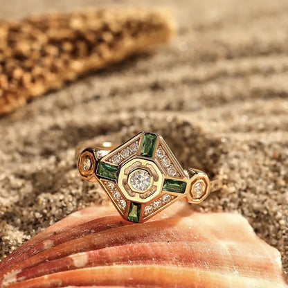 Square geometric gemstone ring with electroplated finish in lvzuan colour, shown on a model's hand.