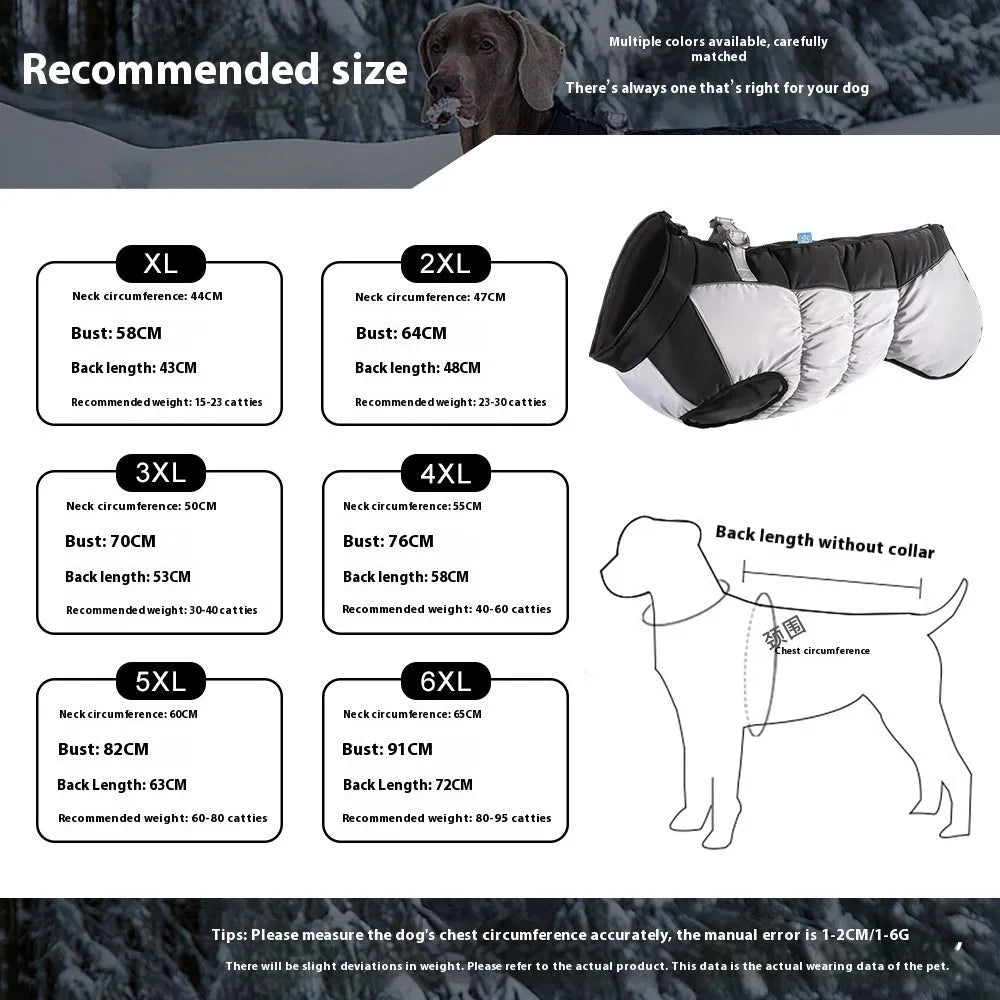Big dog wearing a black waterproof reflective polar fleece winter coat