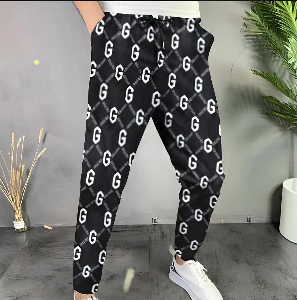 Men's straight-leg plaid trousers in cotton blend fabric showing multiple size options