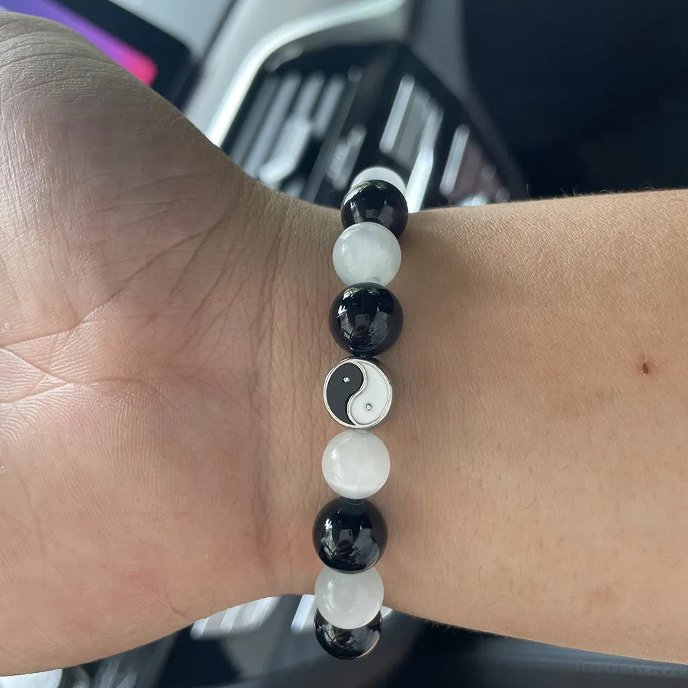 Opal agate Tai Chi bracelet with black agate inlays, 10mm beads, Chinese style design for men and women