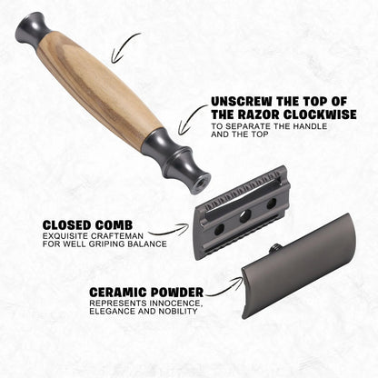 Men's traditional copper manual shaving razor with olive wood handle and aluminium alloy razor holder