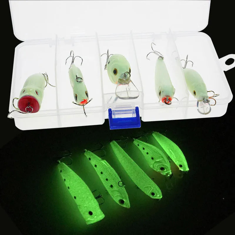 Set of five 3D fluorescent simulation luminous hard bait fishing lures with realistic fish appearance