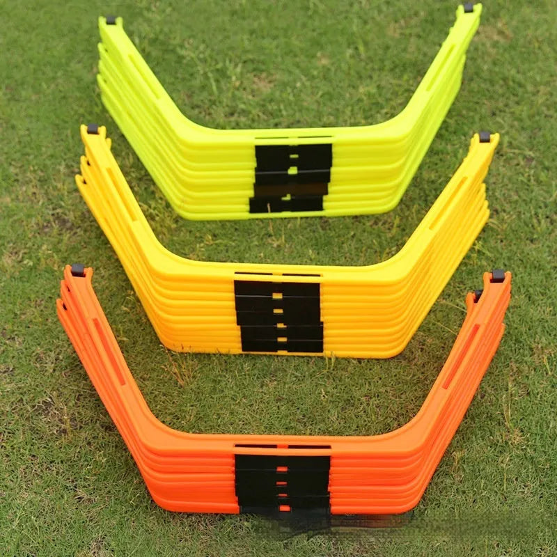 Set of six foldable hexagon football training rings in yellow, green and orange colours