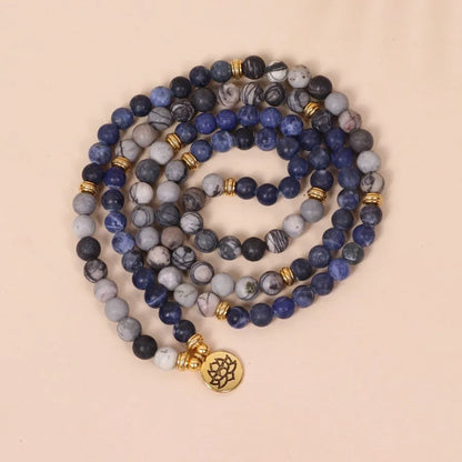Blue patterned network stone beads multi-layer bracelet with alloy components in natural style