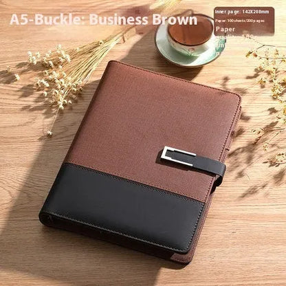 A5 soft PU leather notebook in Business Brown colour, showing thick wood-free paper inside.