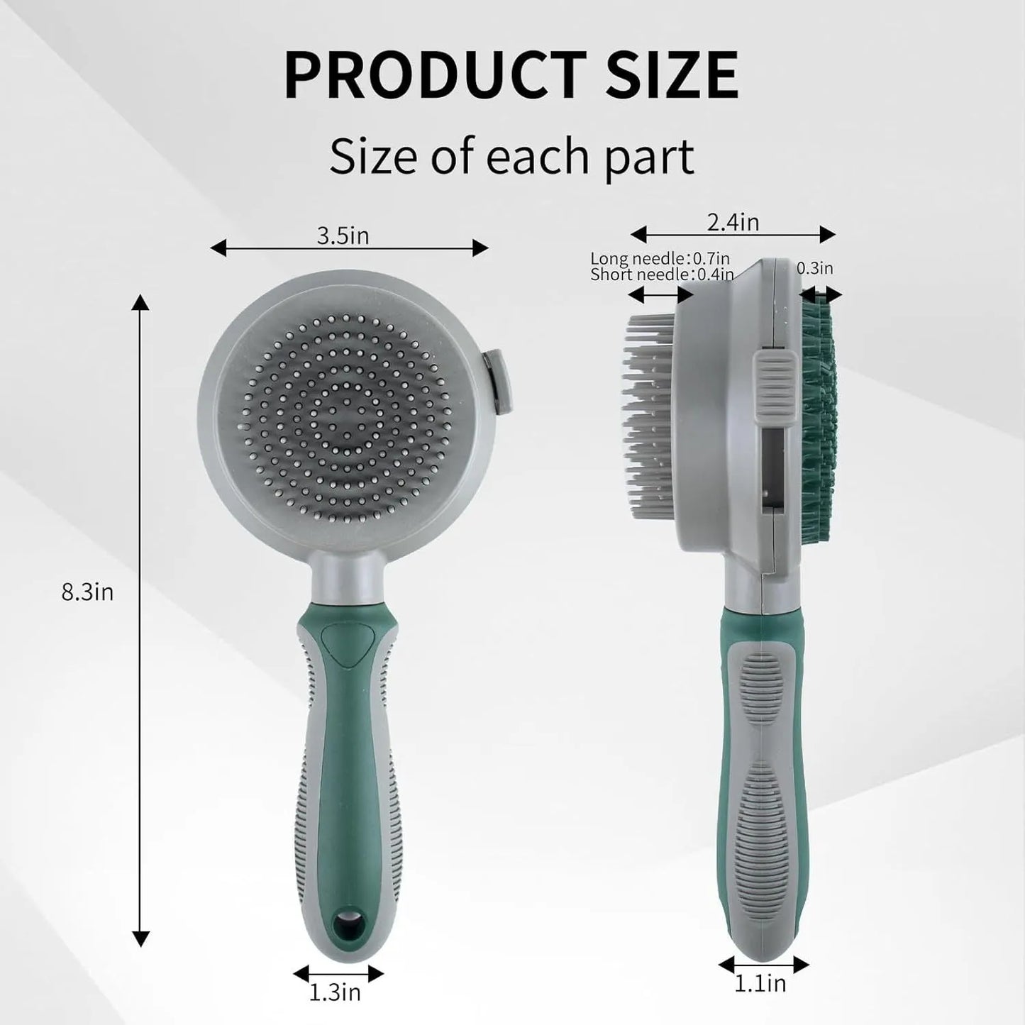 Green and pink dual-sided pet brush showing slicker pins and silicone massage nubs on a wooden table.