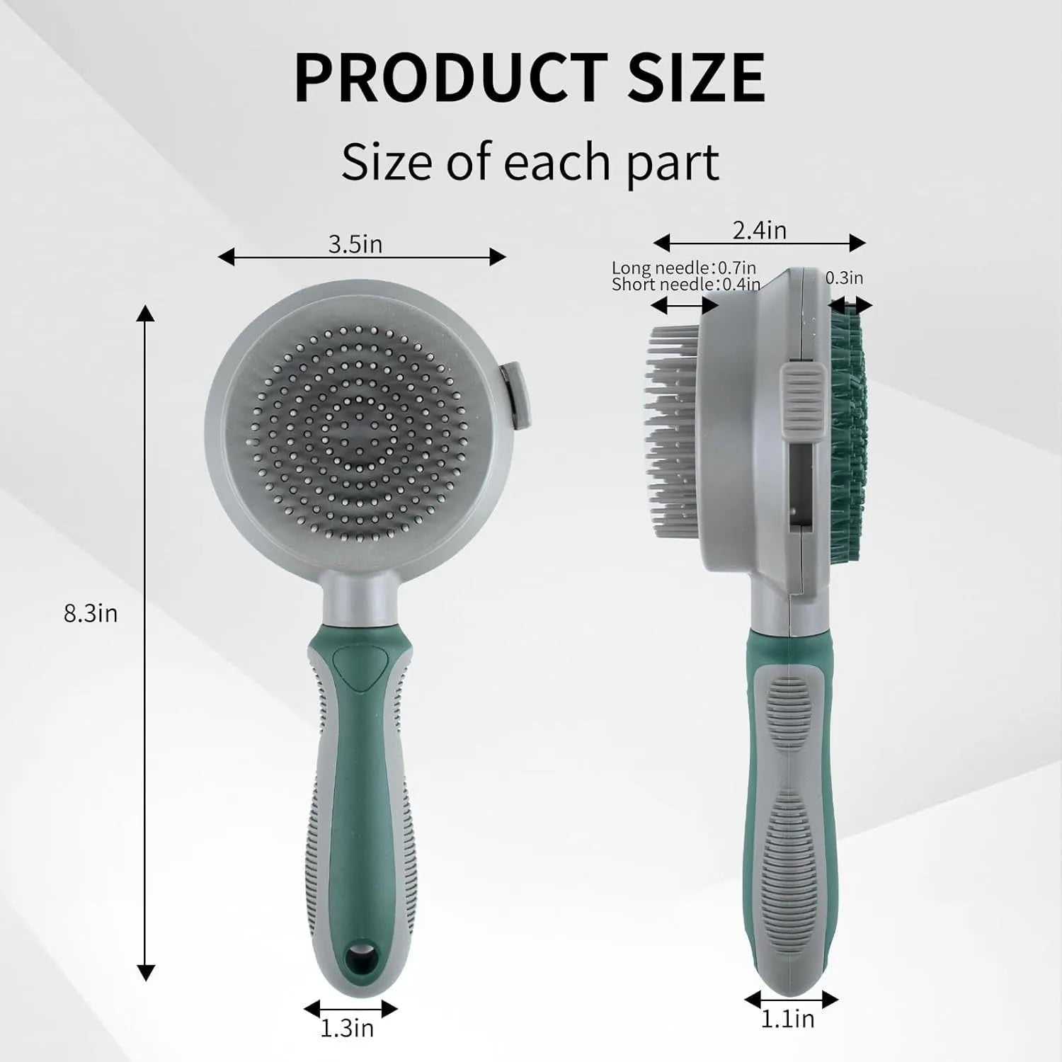 Green and pink dual-sided pet brush showing slicker pins and silicone massage nubs on a wooden table.