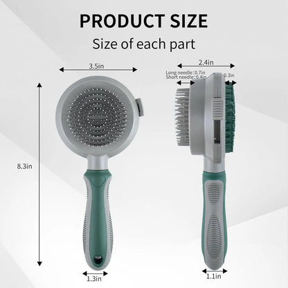 Green and pink dual-sided pet brush showing slicker pins and silicone massage nubs on a wooden table.