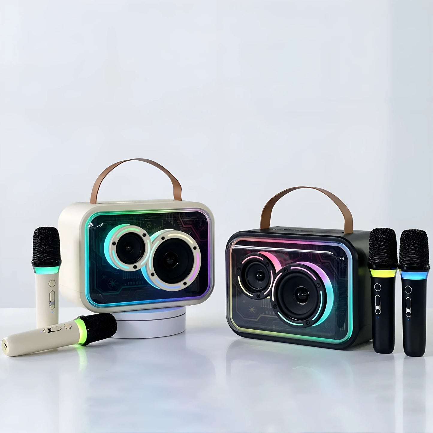 Light yellow portable Bluetooth karaoke speaker with wireless microphone and colourful RGB lights.
