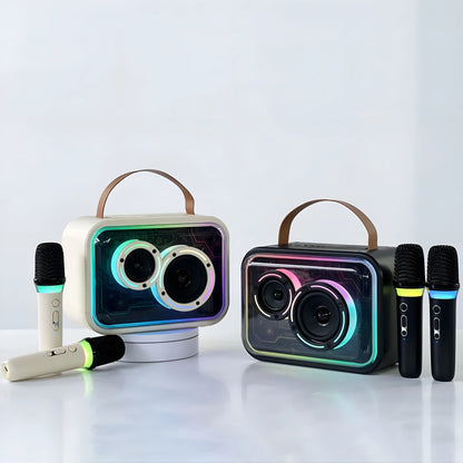 Light yellow portable Bluetooth karaoke speaker with wireless microphone and colourful RGB lights.