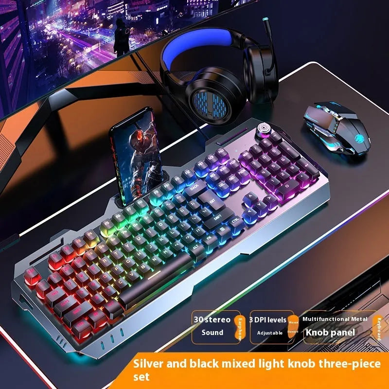Aluminium alloy mechanical gaming keyboard with 450mm length, 41mm height, macro mouse and gaming headset combinations available in metal grey rainbow light, metal grey ice blue, metal white ice blue, and silver black orange yellow colour options