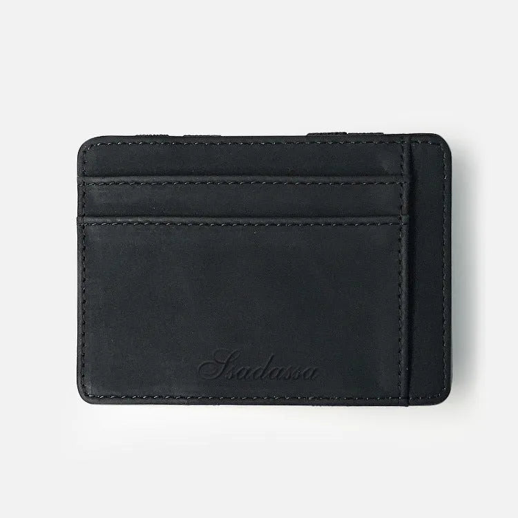 Korean style matte leather magic wallet showing horizontal square design and coin pocket