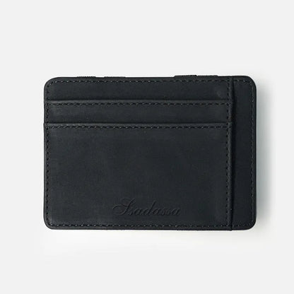 Korean style matte leather magic wallet showing horizontal square design and coin pocket