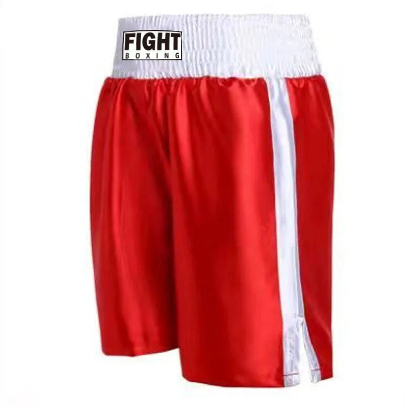 Men's boxing shorts in black and white with side stripe, laid flat showing design.