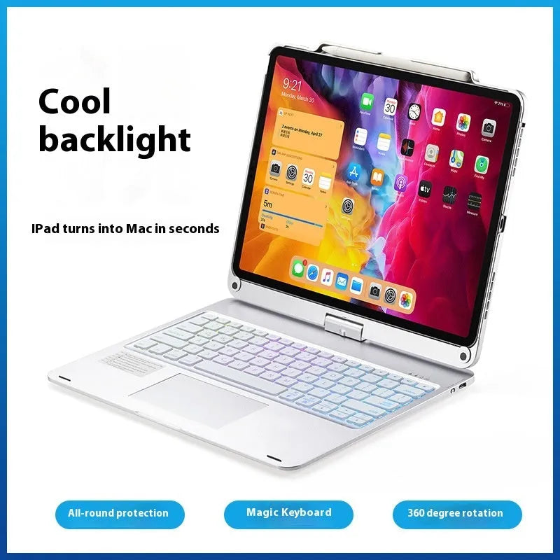 Rose gold Miaocontrol rotating Bluetooth keyboard case holding a silver iPad Pro in landscape mode, showing the trackpad.