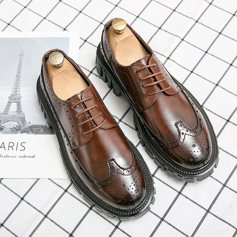 Men's black and brown business brogue shoes with round toe and artificial PU leather construction