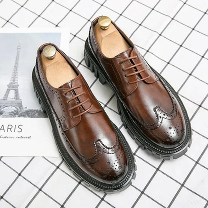 Men's black and brown business brogue shoes with round toe and artificial PU leather construction