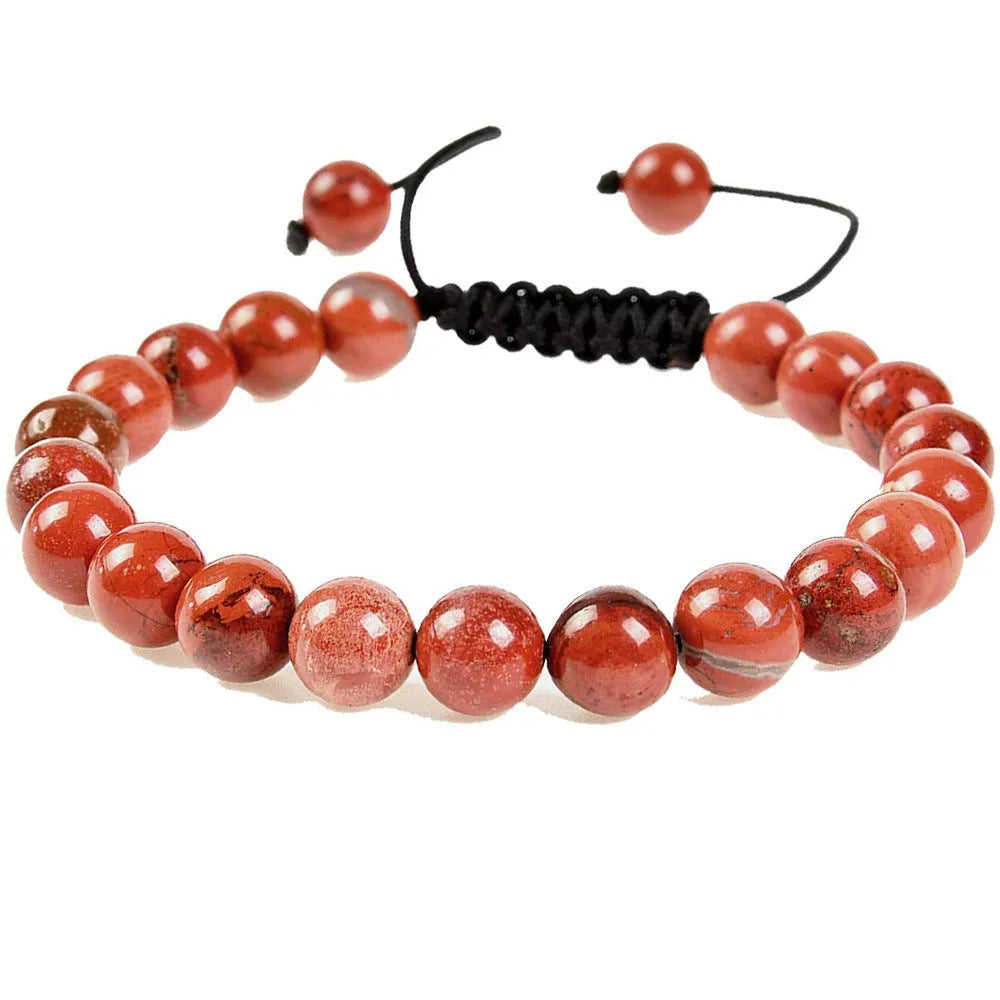 Women's flat knot braided healing bracelet hand-woven with natural gemstone beads in geometric pattern