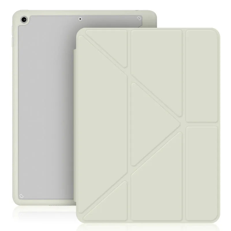 Y-folding imitation leather iPad case in dark grey, showing built-in stand and pen slot.