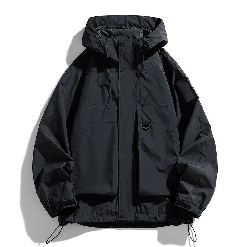 Men's black windproof waterproof hooded coat with polyester fibre, regular length, long sleeves, sizes up to 8XL