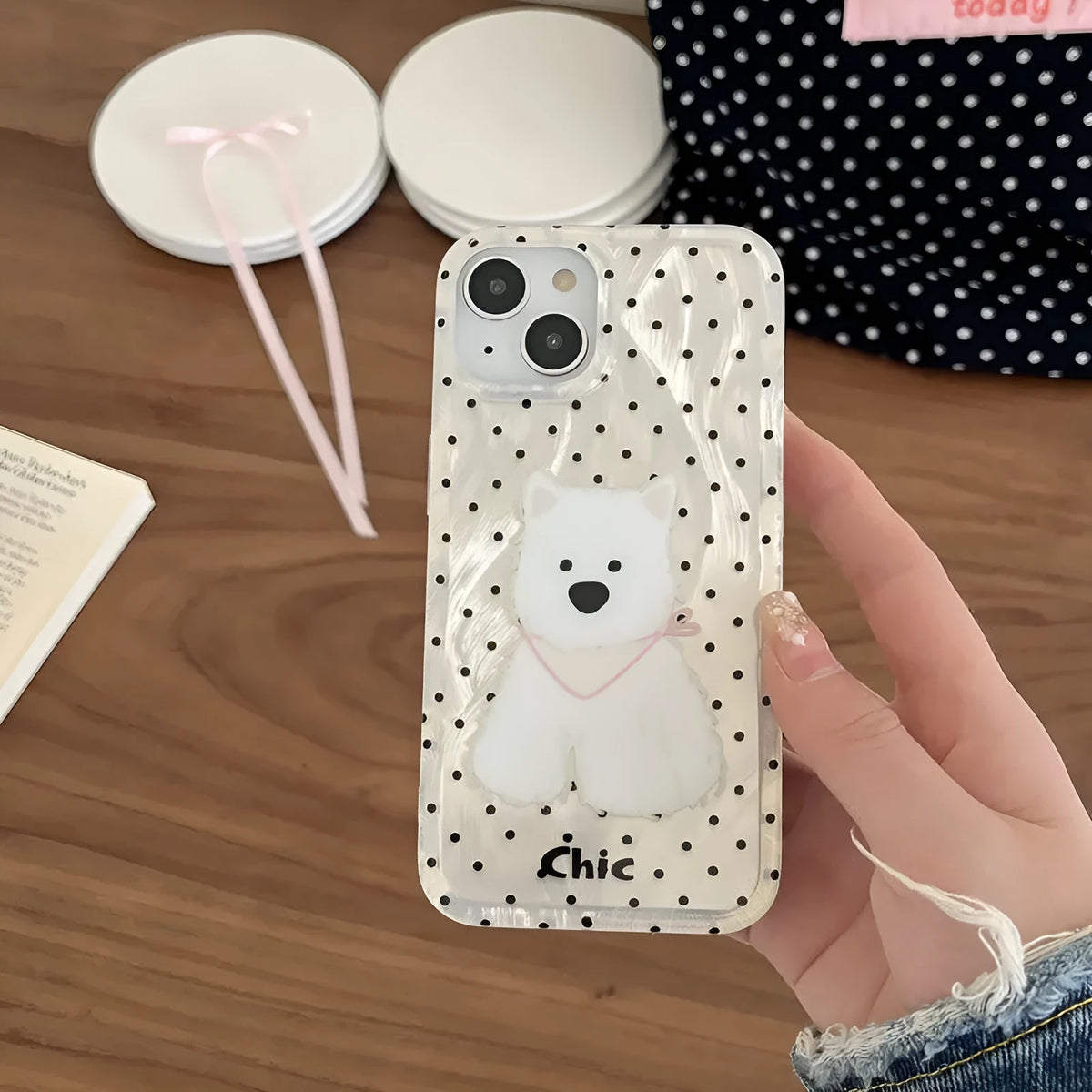 Polka dot West Highland dog TPU phone case in white feather yarn finish for Apple iPhone