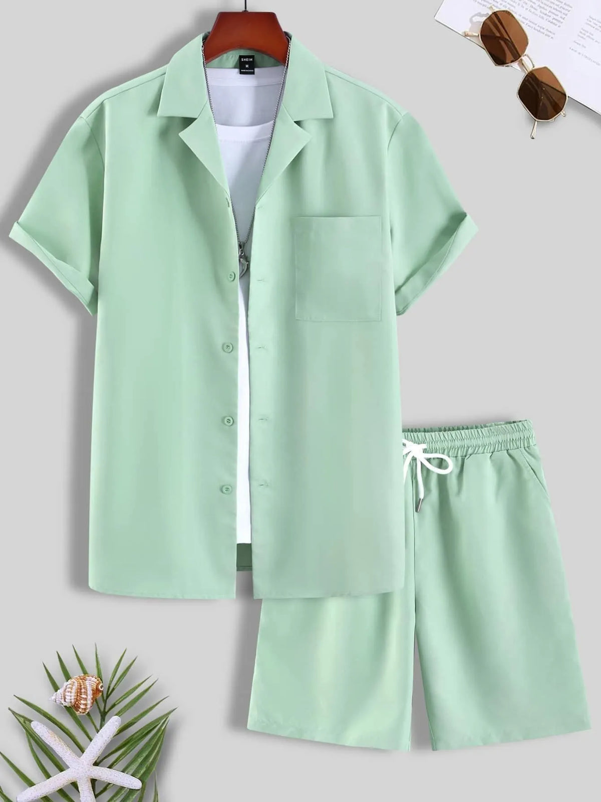 Men's short sleeve Cuban collar sport suit set with matching polyester shorts in multiple colour options