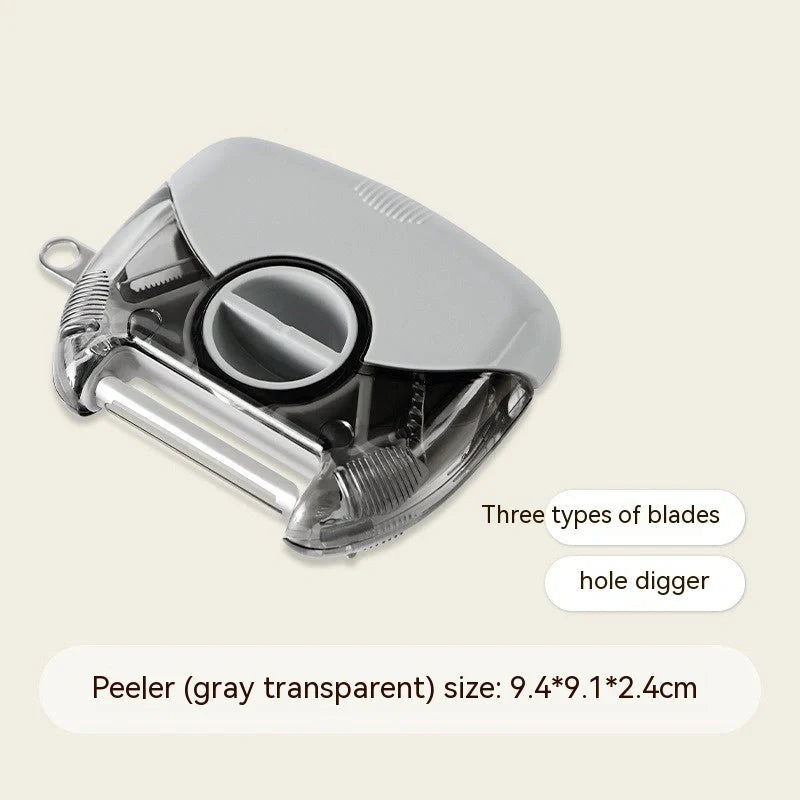 3-in-1 stainless steel peeler shredder with ergonomic handle for kitchen use