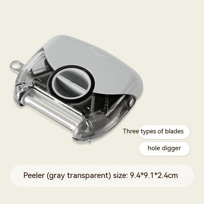 3-in-1 stainless steel peeler shredder with ergonomic handle for kitchen use