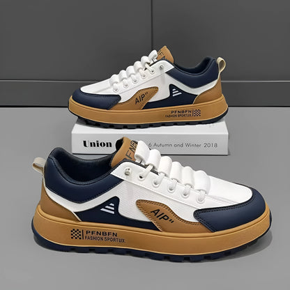 Men's casual shoes in artificial PU, shown in white-orange, white-black, and white-brown colours with a round toe.