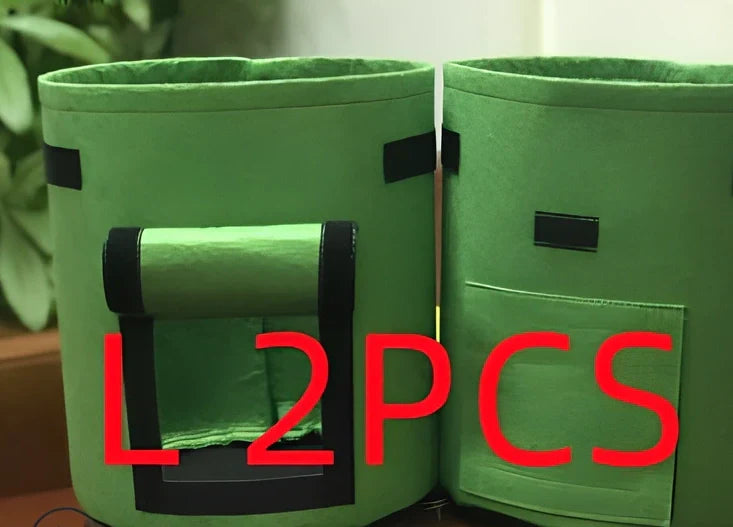 Black non-woven plant growth bag with side window and handles for potato gardening, breathable fabric, large size shown
