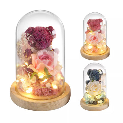 Eternal preserved rose and teddy bear gift box with warm LED lights