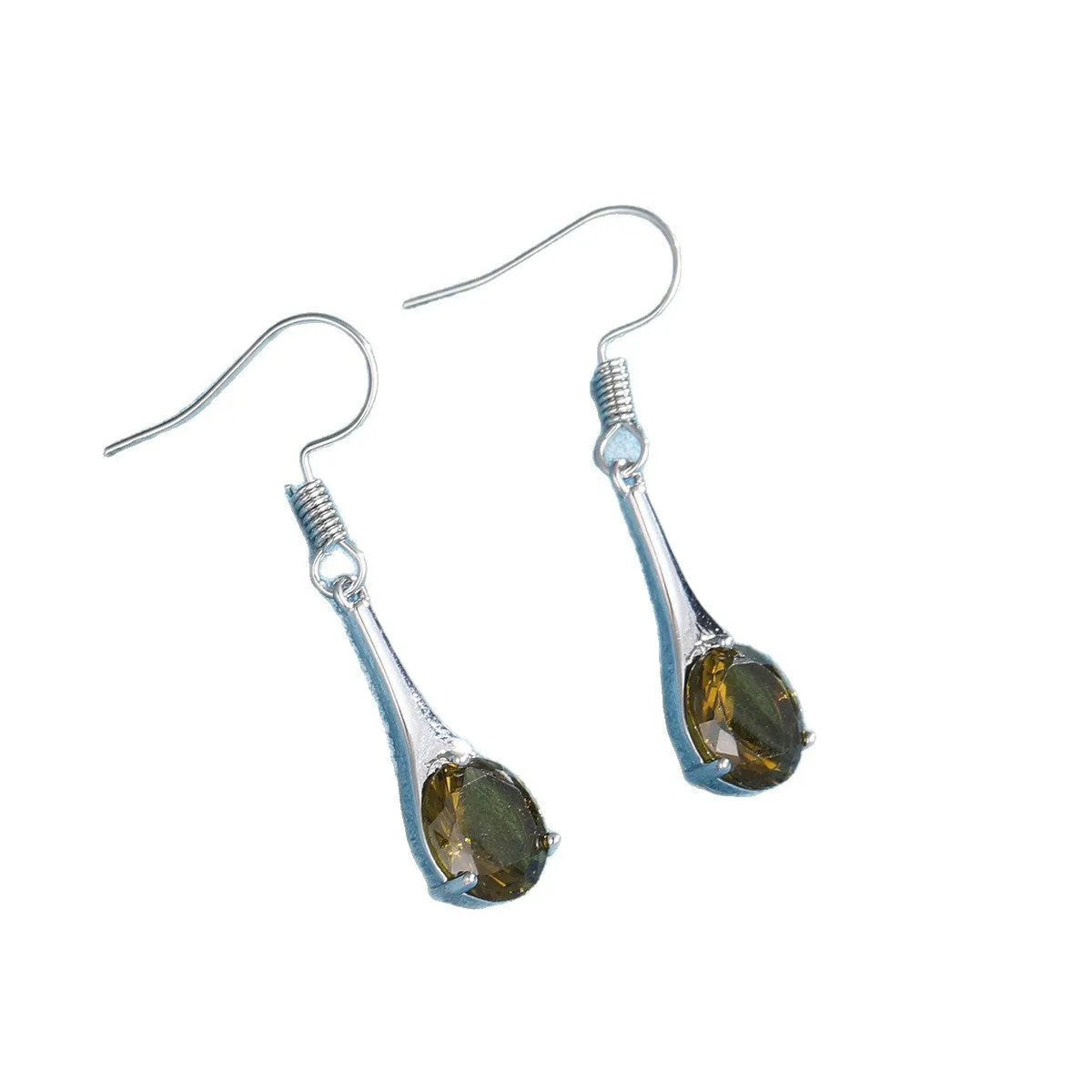 Olive green topaz earrings with water drop shape, electroplated alloy construction, and retro style for women