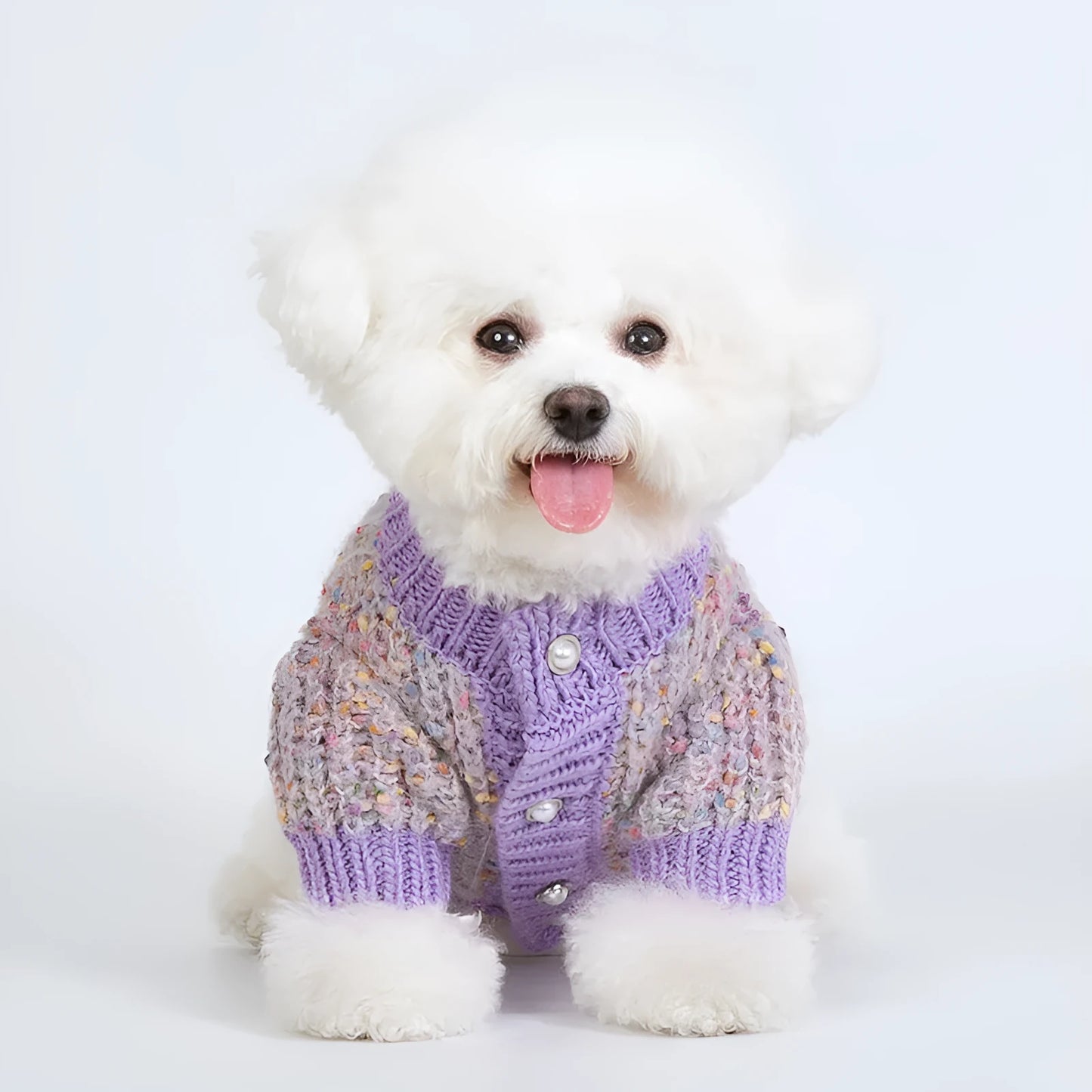 Purple dog cardigan sweater for small to medium breeds in soft polyester material