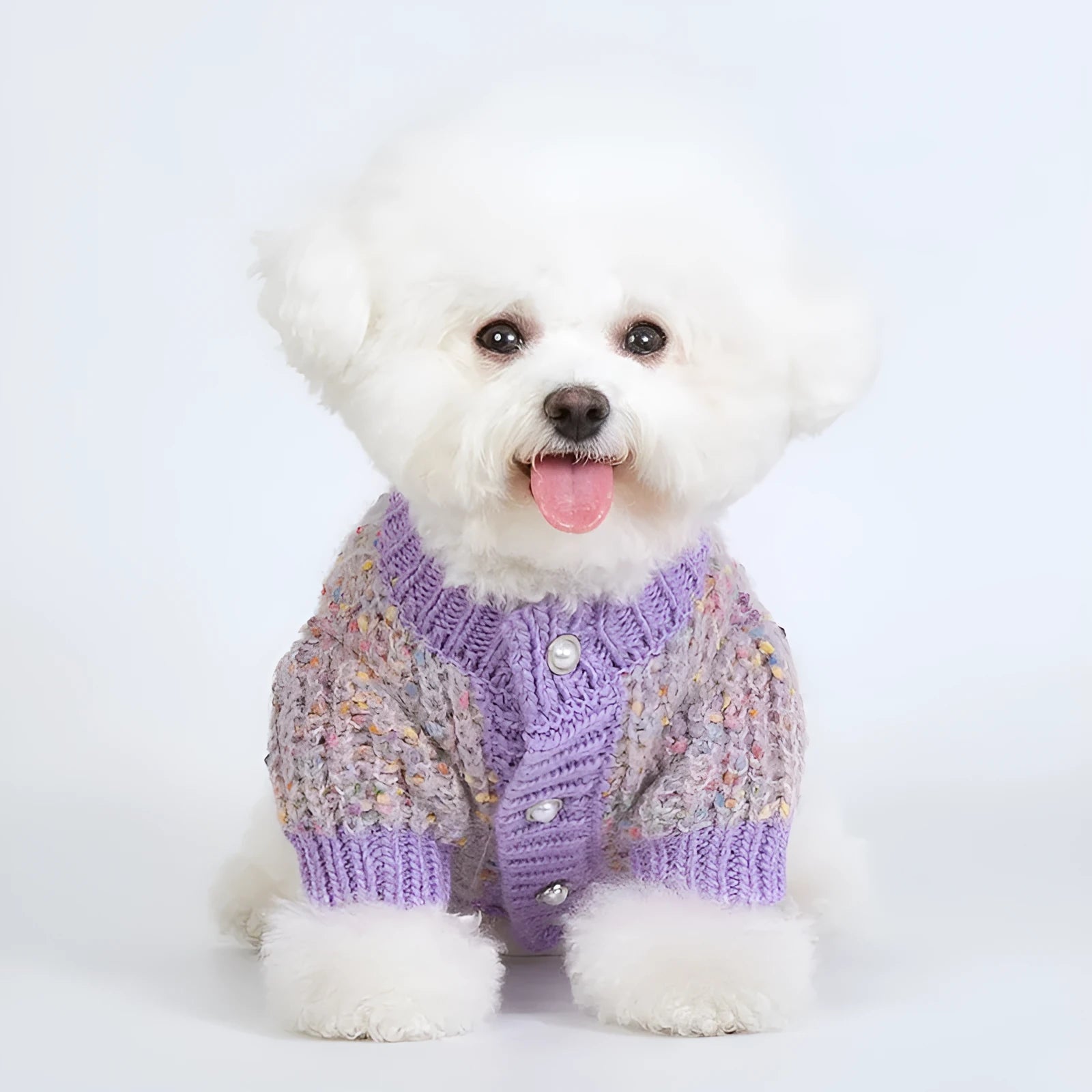 Purple dog cardigan sweater for small to medium breeds in soft polyester material