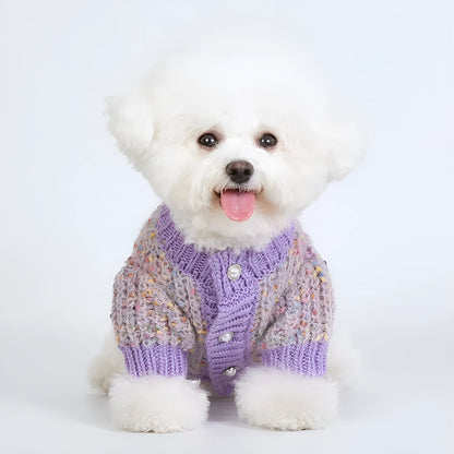 Purple dog cardigan sweater for small to medium breeds in soft polyester material