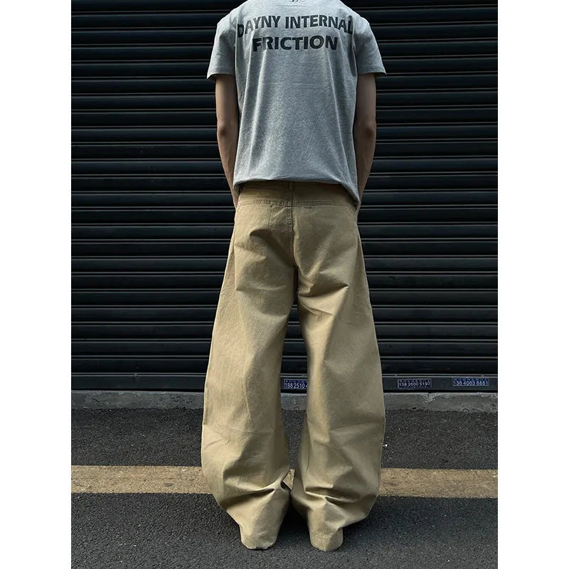 Men's khaki cotton straight-leg casual trousers American retro style