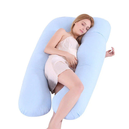 Premium U-shaped pregnancy pillow with pure cotton exterior and polyester fiber filling, designed to provide soothing support and refreshing coolness for expectant mothers.