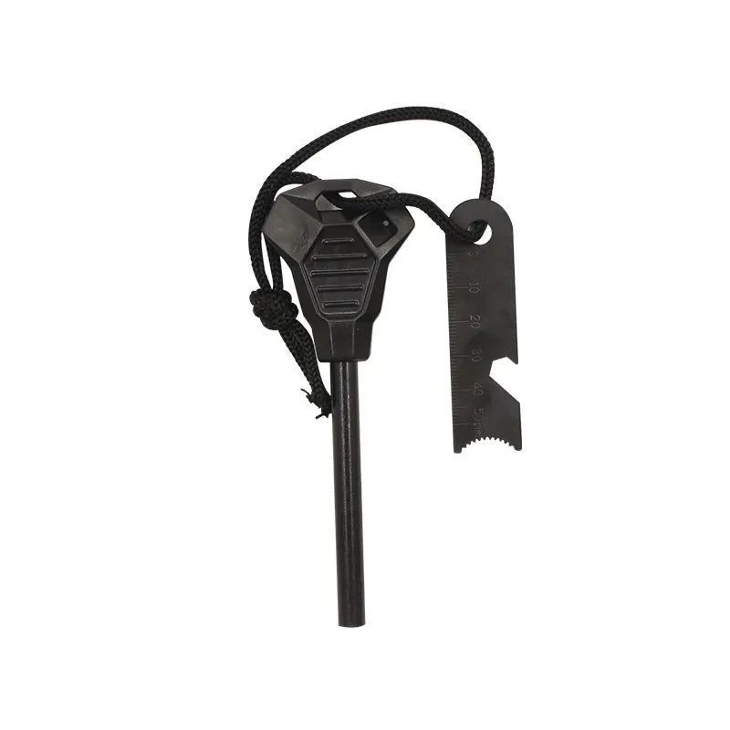 Black outdoor multifunctional flint survival tool with magnesium rod and stainless steel scraper