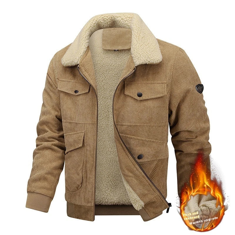Premium men's fleece jacket with pockets, available in Khaki, Grey, and Black colors in sizes M to 8XL