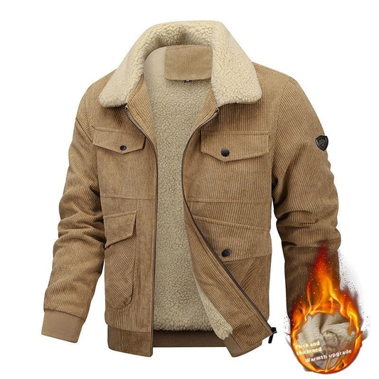 Premium men's fleece jacket with pockets, available in Khaki, Grey, and Black colors in sizes M to 8XL