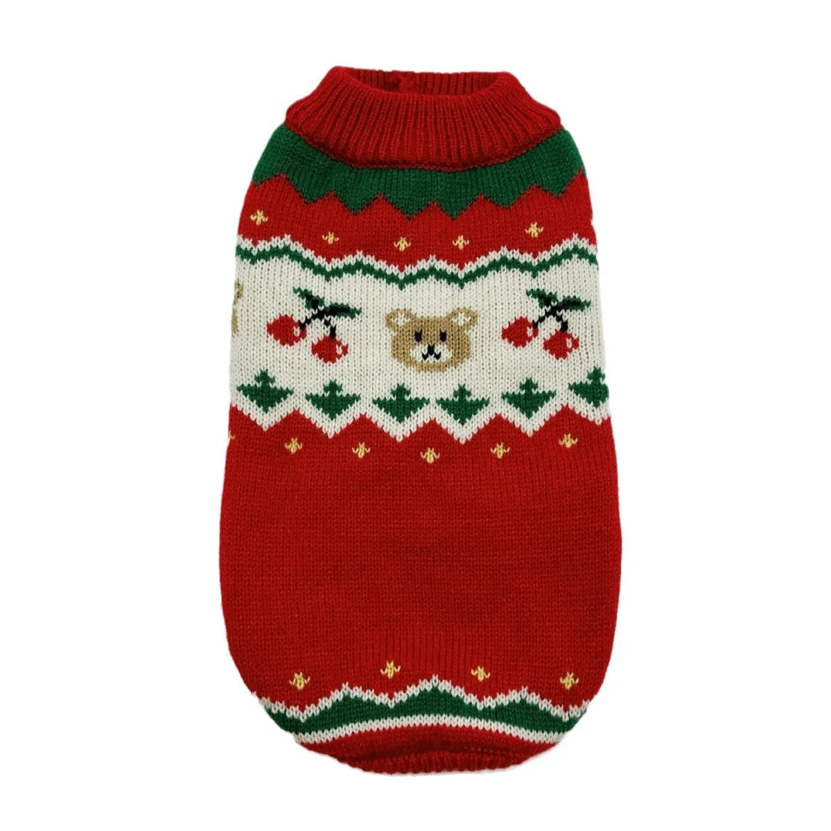Red Christmas pet sweater with cherry print design for dogs and cats in polyester fabric