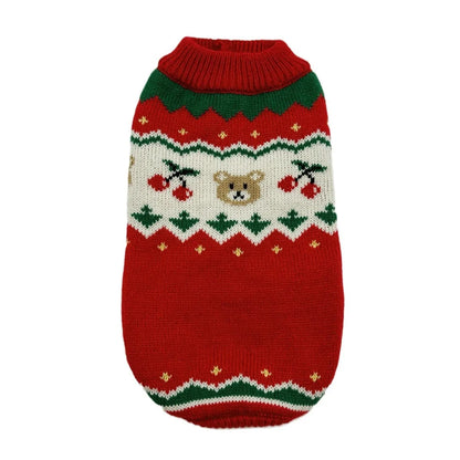 Red Christmas pet sweater with cherry print design for dogs and cats in polyester fabric