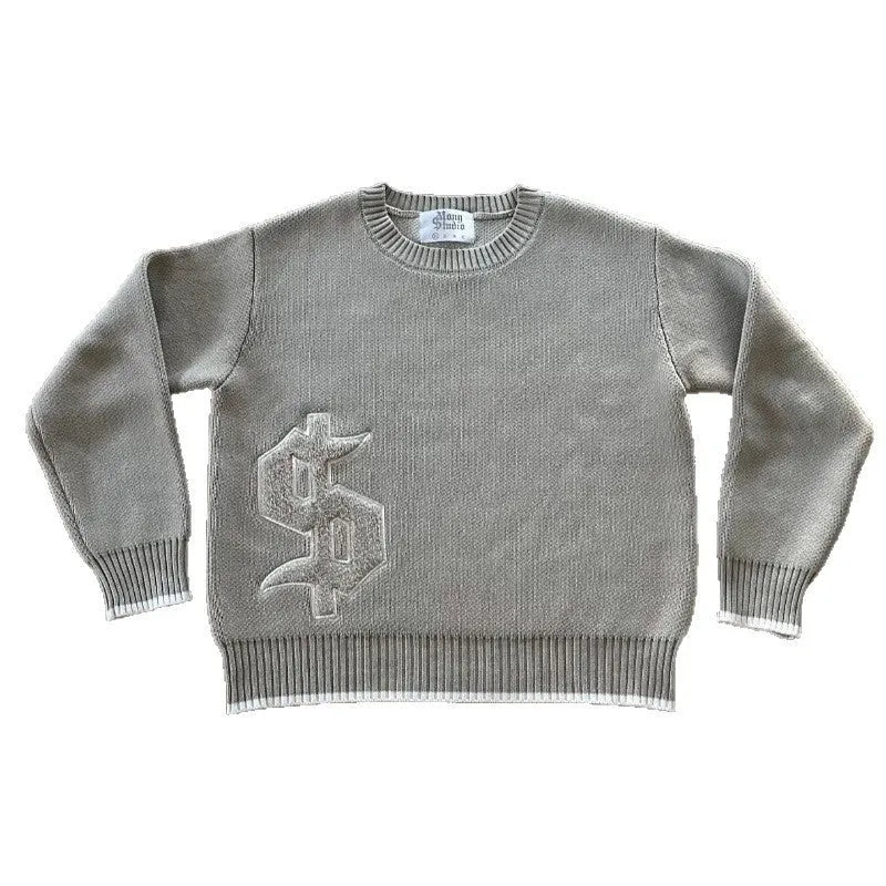 Grey jacquard loose-fitting knitwear coat with long sleeves for autumn winter