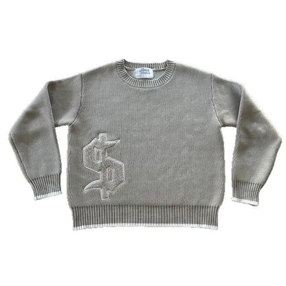 Grey jacquard loose-fitting knitwear coat with long sleeves for autumn winter
