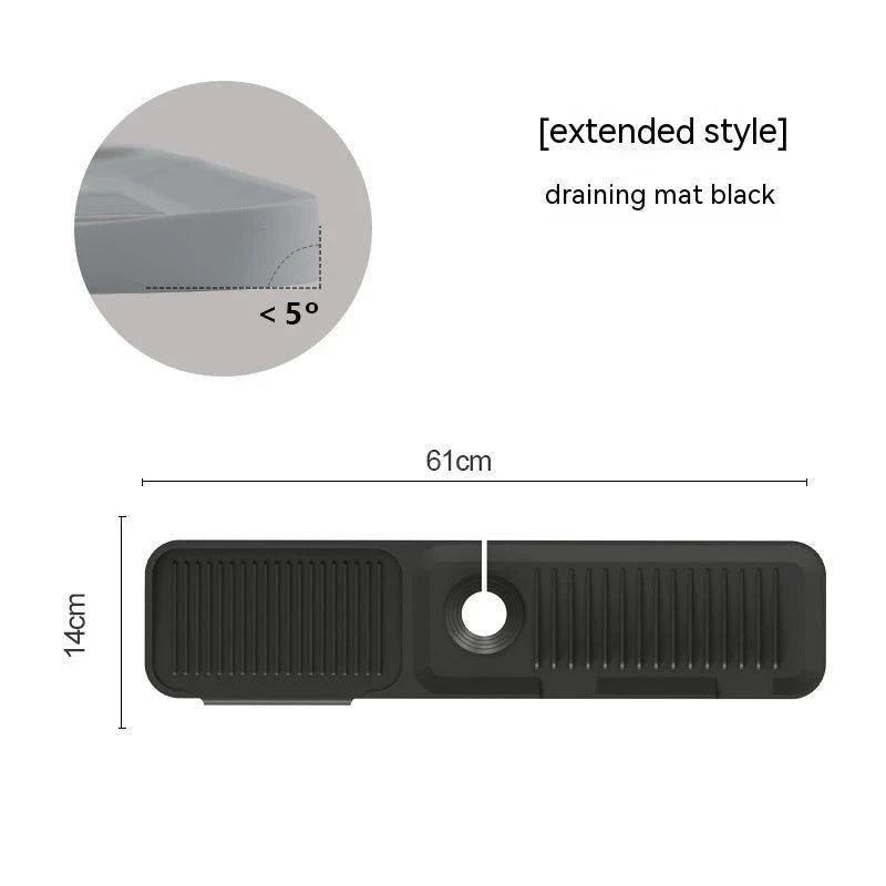 Silicone faucet splash guard with sloped design and dual drains for efficient water drainage in kitchen and bathroom sinks