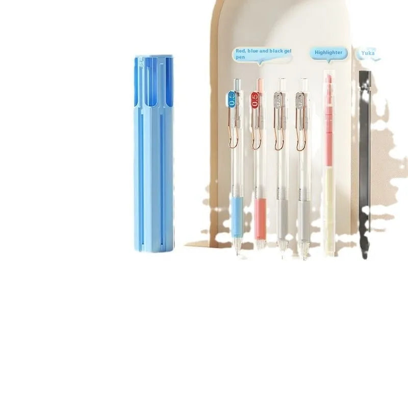 Portable pressing pen pencil box kit with plastic case containing pens in vigorous white, sky blue, or girl pink colour