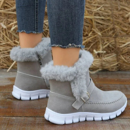 Plush ankle snow boots with buckle design and soft, warm lining for women in various color options