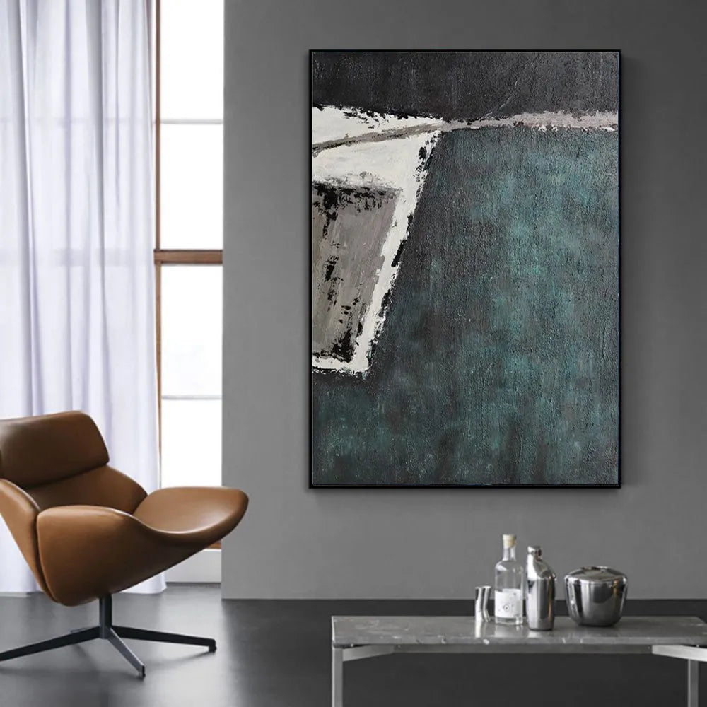 Large handmade abstract oil painting with retro green texture on vertical one-panel canvas, no frame, for living room or bedroom wall art