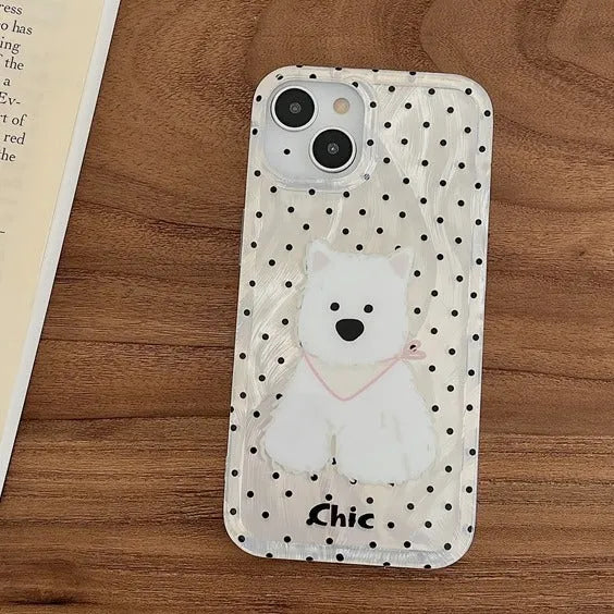 Polka dot West Highland dog TPU phone case in white feather yarn finish for Apple iPhone