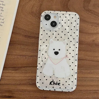 Polka dot West Highland dog TPU phone case in white feather yarn finish for Apple iPhone